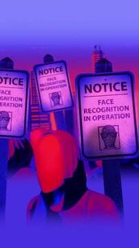 A group of faceless spinning mannequins and political statements contained on street signs on an endless loop.
