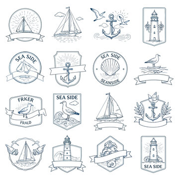 Nautical Emblems and Badges Collection with Maritime Symbols.