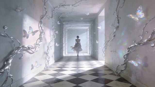 Woman in hallway with vines and butterflies