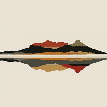 A colorful abstract illustration of a mountain range reflected in water