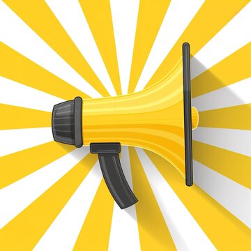 A bright yellow megaphone on a vibrant sunburst background for announcements
