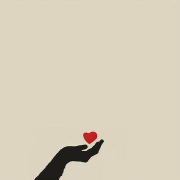 A hand holding a small red heart in a minimalist design