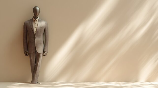 Elegant mannequin dressed in a tailored gray suit standing against a neutral background with soft lighting
