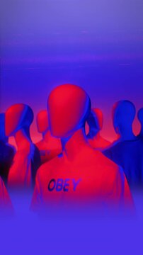 A group of faceless mannequins spinning on an endless loop in a stop motion style.
