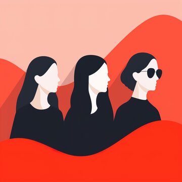 Three women in black shirts with red abstract background illustration