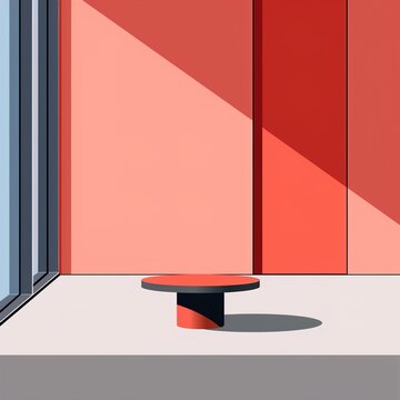 A modern minimalist room with a red and black coffee table