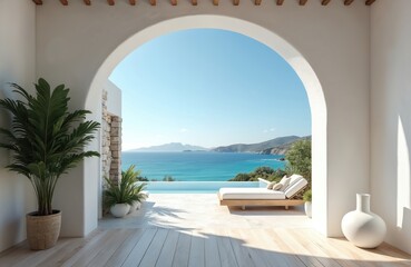 Obraz premium Modern archway opens to infinity pool overlooking bright blue sea and distant hills. White lounge chair on deck with potted plants, sunny clear sky.