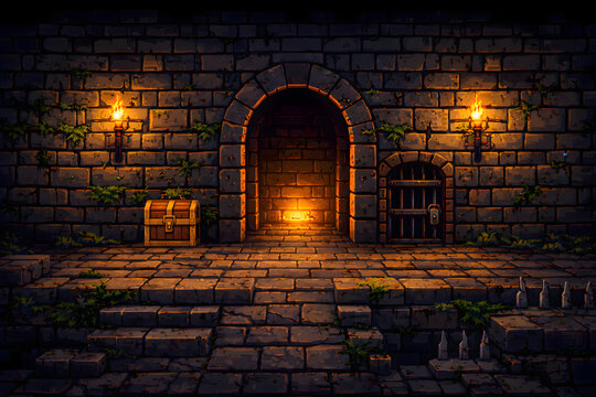 ファンタジーゲームの地下ダンジョン背景 石壁と松明のある神秘的な空間