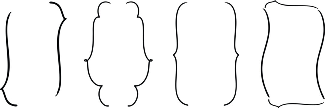 Set of decorative bracket frames in hand drawn outline style for elegant typography layouts. Minimal curly and vintage border shapes ideal for invitations, labels, branding, posters, and editorial 