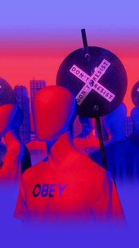 A group of faceless spinning mannequins and political statements contained on street signs on an endless loop.
