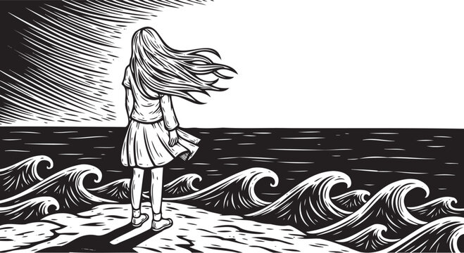 Black and white, girl standing on beach, looking out at sea, vector illustration, windy day