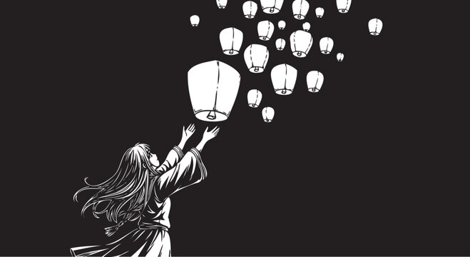 Woman releasing lanterns, flying lights, black background, white illustration, dreamy scene