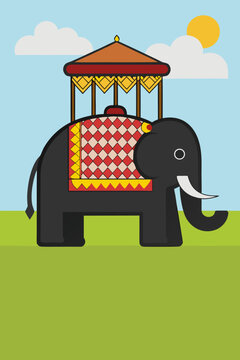Cartoon illustration of a decorated elephant with a howdah and scenic background