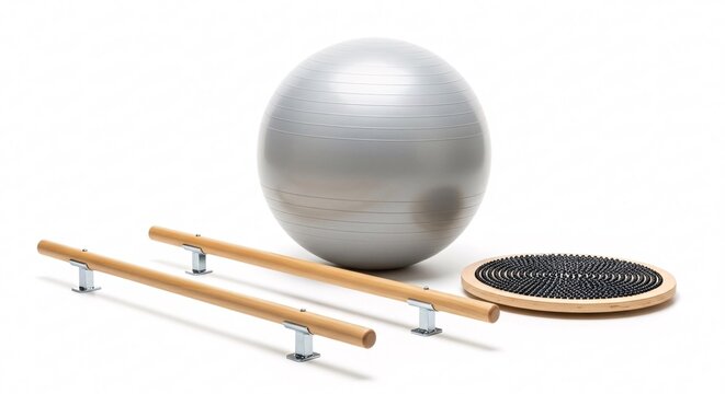 Gym ball parallel bars and balance board for fitness.