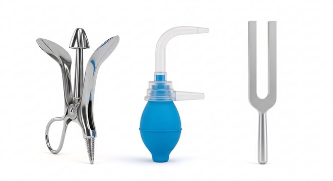 Gynecological speculum, ear syringe, tuning fork.