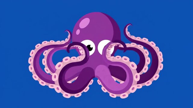 Cute Purple Octopus Animation featuring a friendly cartoon sea creature with large eyes on a blue background ideal for children's educational videos and marine life storytelling.