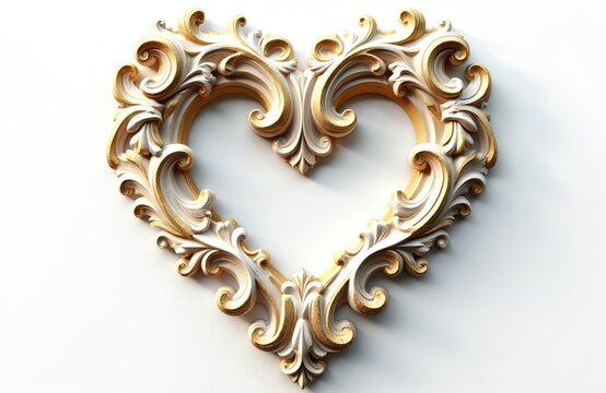 Ornate gold and white heart shape frame with intricate baroque swirls. Decorative element ideal for wedding invitations, luxury branding, or romantic designs.