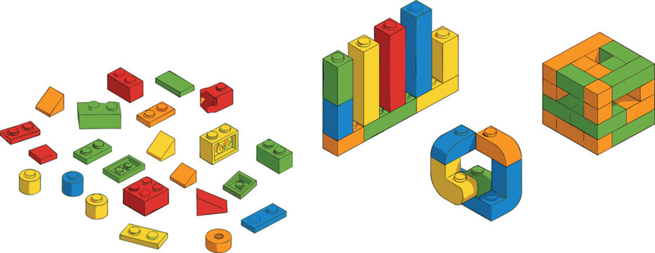 Colorful building blocks arranged in creative shapes for playful educational vector illustration