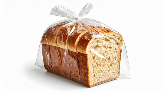 Fresh sliced bread loaf on white background, bakery food ingredient, baked goods, wheat bread, breakfast food photography, healthy food staple, gourmet bread slice, food photography studio shot
