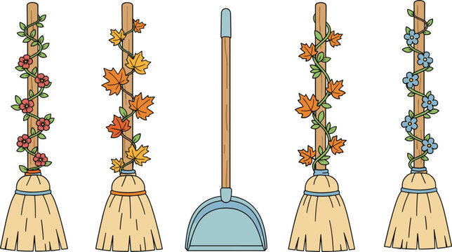 Decorative brooms with floral and seasonal leaves plus dustpan in creative cartoon vector illustration for cleaning and household design