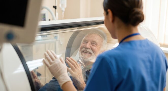 Nurse reassuring smiling senior man in hyperbaric chamber