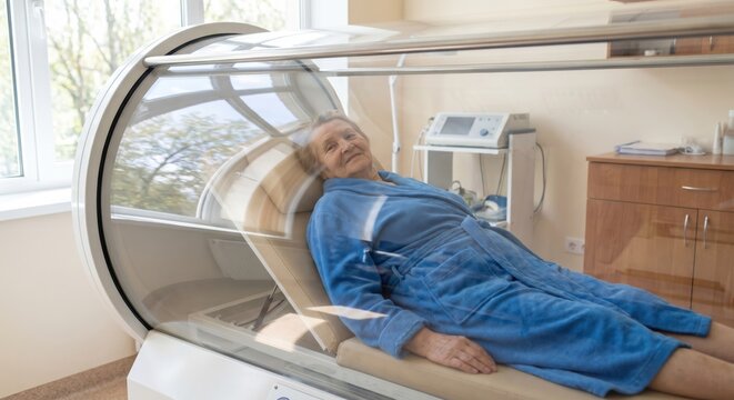 Senior woman in hyperbaric oxygen chamber for medical treatment