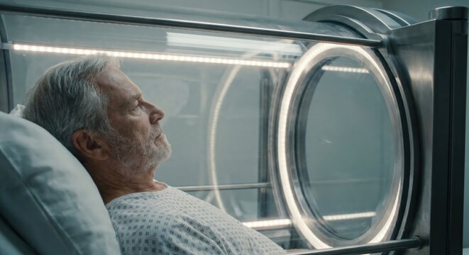 Senior man undergoing hyperbaric oxygen therapy
