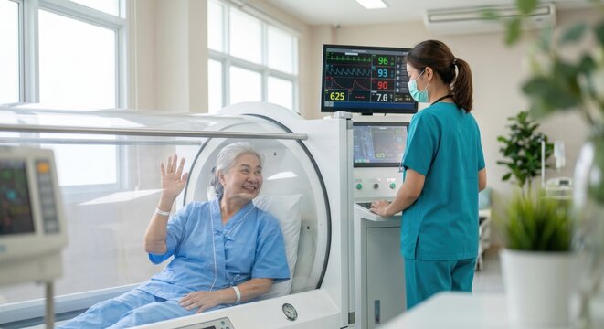 Senior patient in hyperbaric chamber waving at nurse