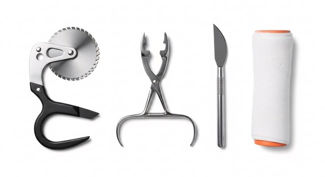 Medical cast saw knife and clamp with bandage on white background.