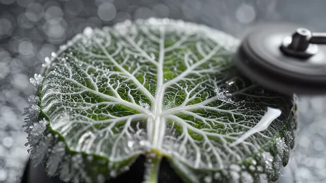 Frozen leaf with intricate icy veins close up