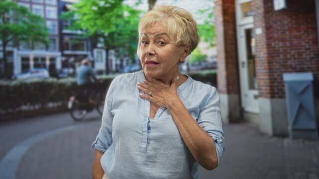 Senior hispanic woman touching chest with hand on city street by brick storefront and bicycle; concern vulnerability.