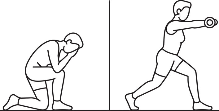 Athlete demonstrates two distinct physical movements including a kneeling stretch and a standing lateral raise with a dumbbell to illustrate proper exercise form for fitness training and health.