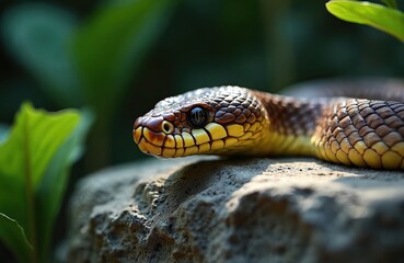 Fototapeta premium King cobra snake rests on stone. Reptile shows textured scales and dangerous gaze. Wildlife creature in tropical garden. Venomous animal is stealthy predator in its natural habitat.