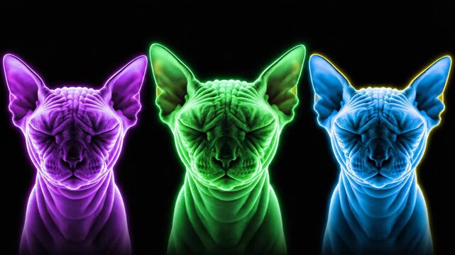 Vibrant Neon Sphynx Cats featuring three hairless cats with glowing purple, green, and blue outlines on a black background for futuristic music videos and creative pet-themed content.