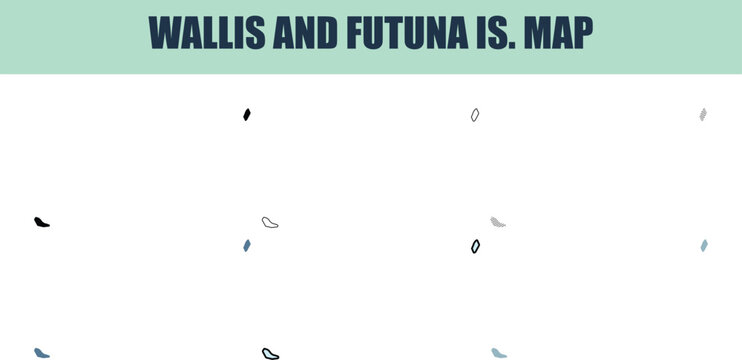 Wallis and Futuna Islands map graphic with 6 different style outlines during a clean presentation