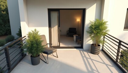 Obraz premium Modern apartment balcony with minimalist furniture, potted plants. Sunlight casts shadows on floor. Inside, cozy living room visible with chairs, lamp. Outdoor seating area offers urban views,