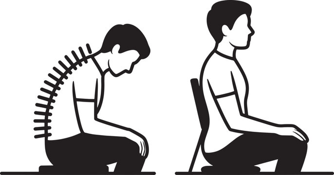 Person demonstrates the physical difference between poor spinal posture while sitting hunched over and the correct ergonomic alignment of the back to prevent chronic pain and discomfort.