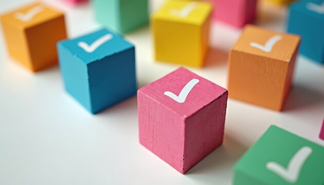 Colorful wooden blocks with check marks signify choices and positive decisions. Many cubes display acceptance and confirmation symbols, representing options and agreement in abstract design.