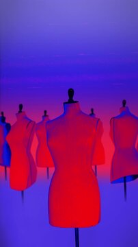 A group of faceless mannequins spinning on an endless loop in a stop motion style.
