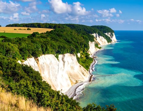 Dramatic White Chalk Cliffs Of Jasmund National Park On Ruegen Island Overlooking The Turquoise Baltic Sea Under A Blue With Green Beech Forest
