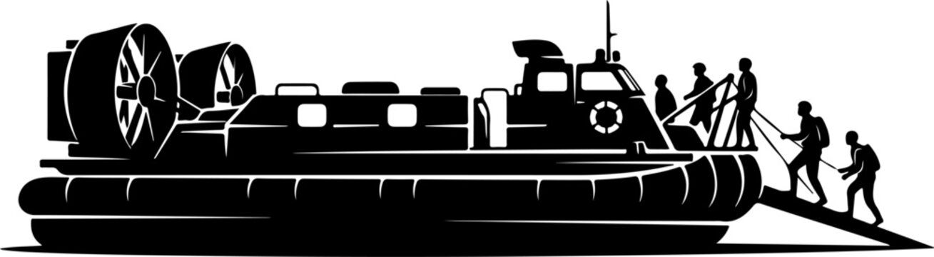 Inflatable rescue boat, liferaft, people pulling ropes, emergency response, black vector icon