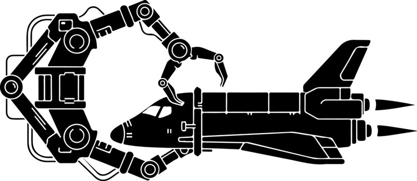 Space shuttle, robotic arm, black vector illustration, spacecraft, technology