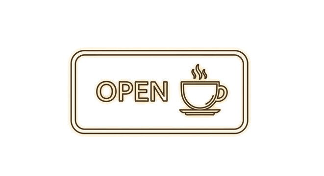 A gold-colored sign with the word 'OPEN' and a steaming coffee cup on a white background, with a thin gold border.