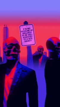 A group of faceless spinning mannequins and political statements contained on street signs on an endless loop.
