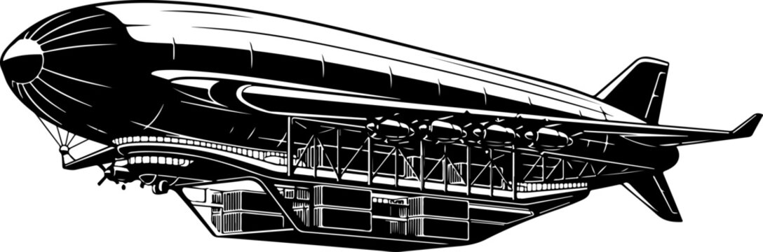 Vintage Blimp, Airship Illustration, Black and White, Vector, Transportation Icon