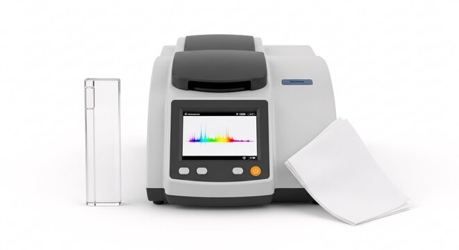 Spectrophotometer with cuvette and printout.