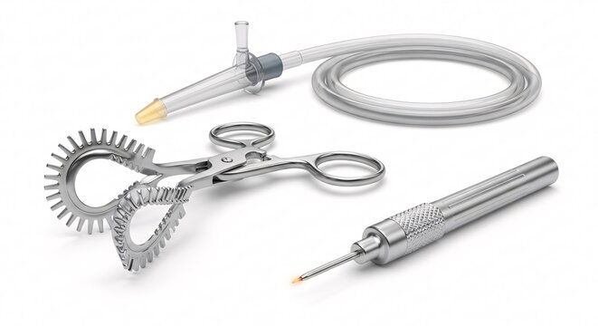 Surgical clamp cautery pen syringe and tube on white background.
