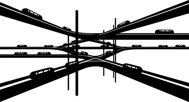 Highway interchange, road junction, traffic infrastructure, transportation system, black silhouette