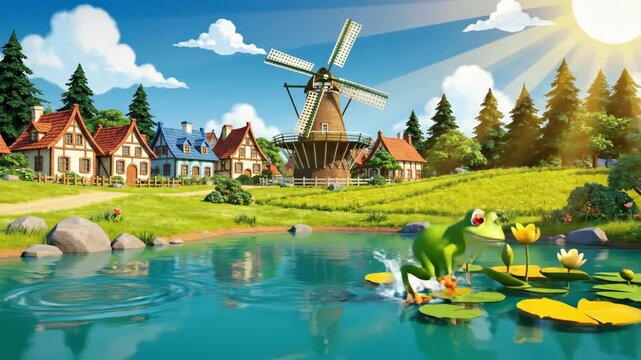 Charming 3D Animated Village Scene featuring a cute frog on a lily pad by a pond with a windmill and houses under a bright sun, ideal for children's storytelling and fantasy-themed video backgrounds.