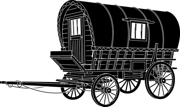Vintage covered wagon, horse-drawn carriage, black illustration, travel trailer, old west